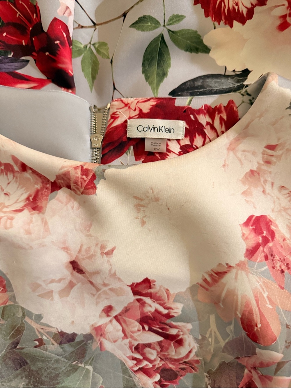 Calvin Klein Floral Fit-and-Flare Dress in Cream, Grey, and Pink - Picture 2 of 4